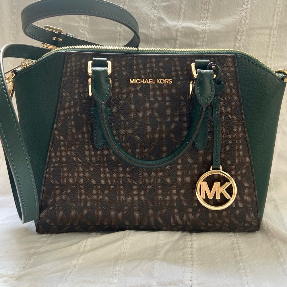 Michael Kors Green and Brown Satchel with Signature Style
